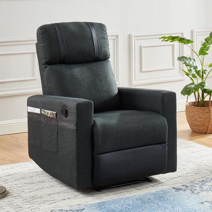 Fauteuil relax électrique en tissu anthracite et simili cuir noir mat - Collection Gillian