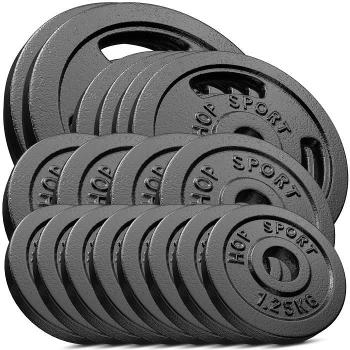 Hop-Sport Disques de poids en fonte 60 kg, Ensemble de disques d'haltères, Alésage 30/31 mm (2x10 kg, 4x5 kg, 4x2,5 kg, 8x1,25 kg)