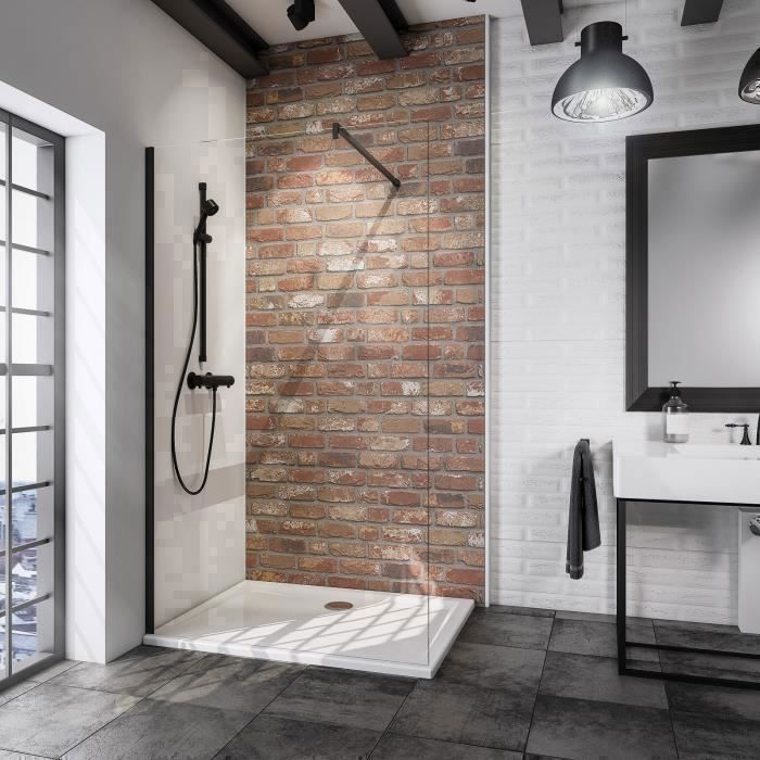 Paroi de douche fixe à l'italienne 90x190 cm, Walk In Black Style, verre transparent, profilé noir, Schulte