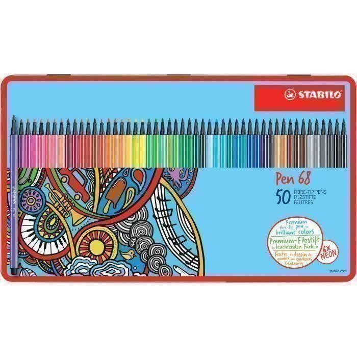 Feutres premium - STABILO Pen 68 - Coffret métal de 50 couleurs