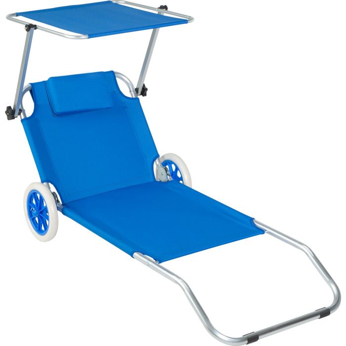 TECTAKE Transat Jardin de Bain Piscine Pliant Réglable à 2 Roues 176 cm x 62 cm x 90 cm en Aluminium + Pare Soleil Bleu