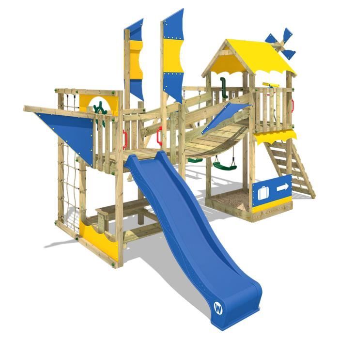 Aire de jeux WICKEY Smart Cruiser Portique en bois Tour d´escalade avec balançoire, toboggan et bac à sable