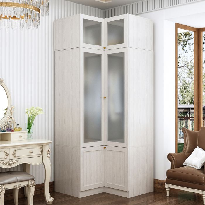 armoire d'angle 4 portes, armoire d'angle, penderie d'angle avec portes en verre dépoli gain de place, 90 x 90 x 180 cm,blanc&bois