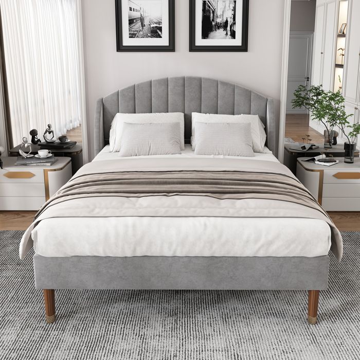 Lit adulte - SEA WALL - Modèle 140x200 - Tissu velours - Sommier à lattes inclus - Tête de lit rembourrée