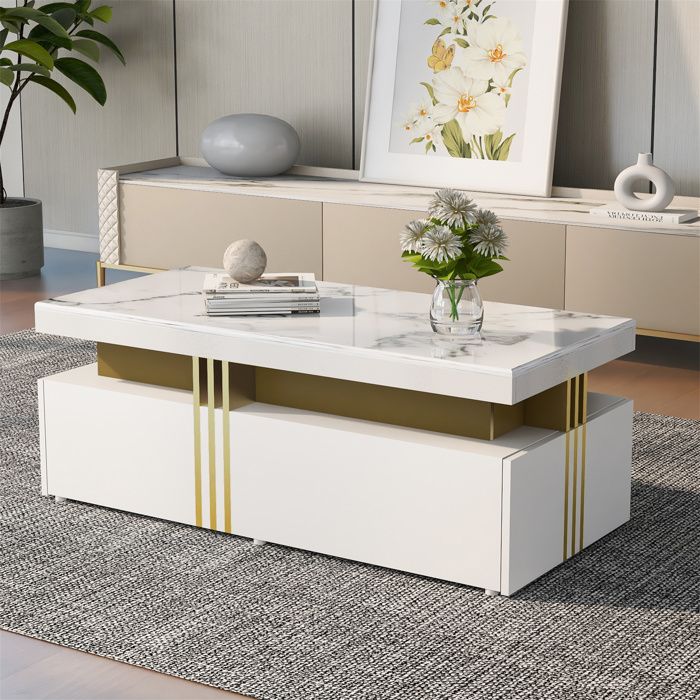 Table basse salon Marbre Rectangulaire avec 2 tiroirs Rangement Design moderne et minimaliste 100x50x40cm Blanc brillant