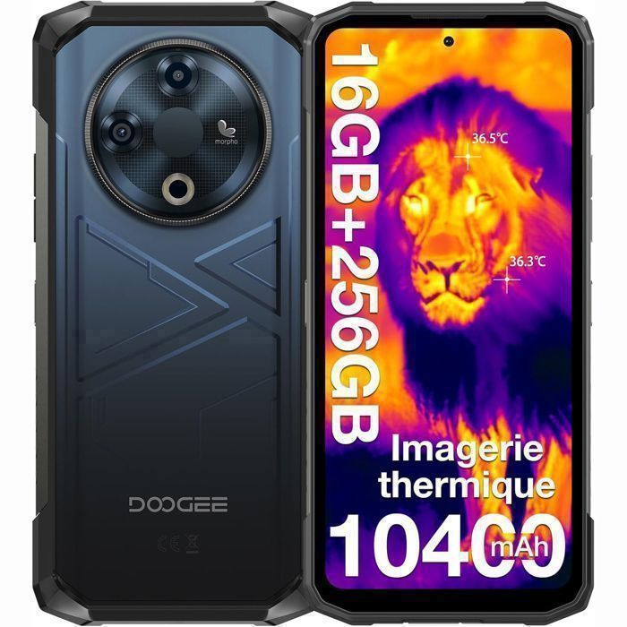 DOOGEE Fire 6 Imagerie Thermique Téléphone Portable Incassable 10400mAh 256GB/TF 2TB 656 50MP Smartphone IP68 NFC/OTG/GPS Bleu