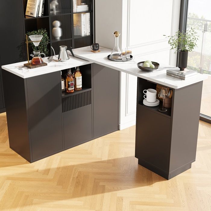 Meuble De Bar Pivotante Blanc - Table De Bar Avec 2 Portes Vitrées Et 2 Compartiments De Rangement Ouverts Plateau Pivotant Meuble De Bar Pivotante Blanc - Table De Bar Avec 2 Portes Vitrées Et 2 Compartiments De Rangement Ouverts Plateau Pivotant