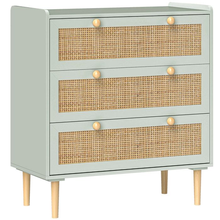 Commode design bohème en rotin - HOMCOM - 3 tiroirs - meuble de rangement - vert olive
