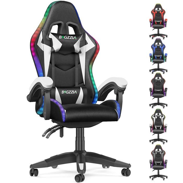 Chaise gaming avec éclairage LED Effets Fauteuil avec Lombaire et Appui-Tête Appui Dossier Hauteur Réglable Blanc