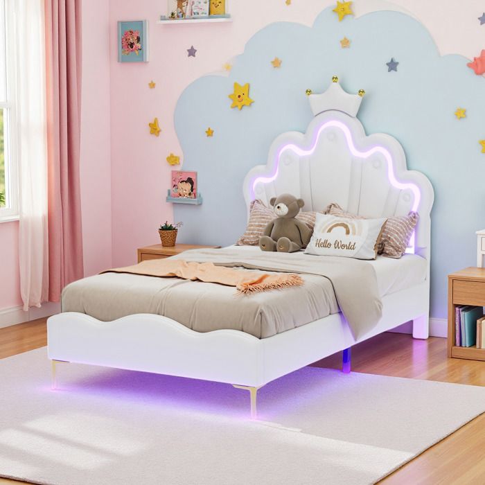 Lit 90x200 cm - Lumineuse LED - Lit fille avec Tête de Lit Réglable - Lit Princesse en Forme Couronne - Sommier à Lattes - PU Blanc