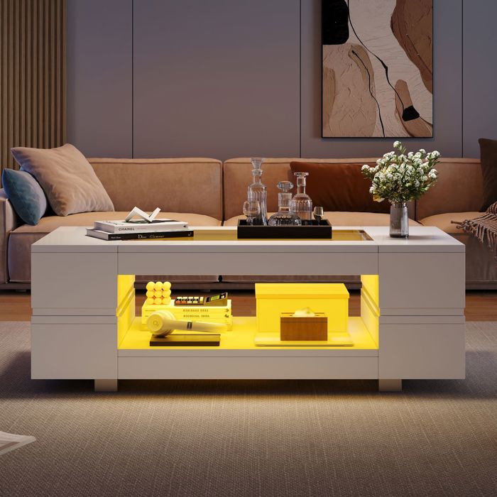 Table basse 100x50 blanc plateau verre trempé table basse salon rangement intégré LED intégrées Bluetooth
