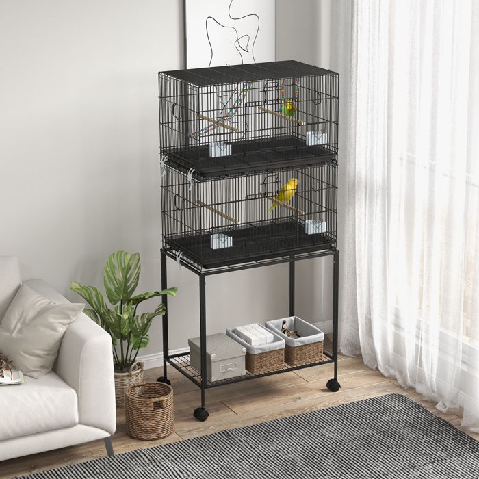 Cage à oiseaux sur pied volière double avec mangeoires perchoirs plateau amovible étagère poignée et roulettes noir