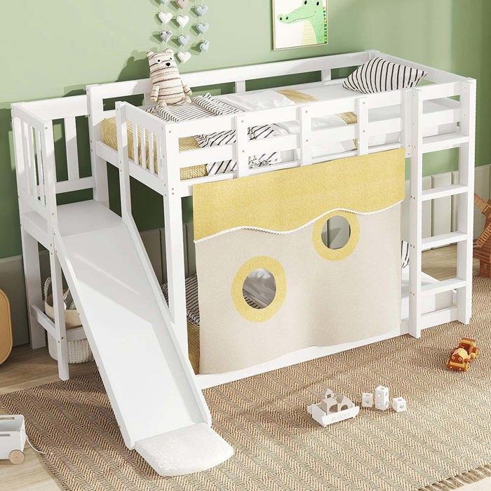 Lit superposé enfant - Lit superposé avec toboggan - 90 x 200 cm - Bois de pin & MDF - Blanc