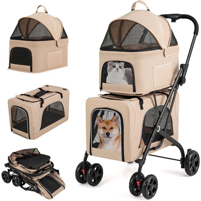 Meilleurs prix pour GOPLUS 3 en 1 Poussette Pliable à 2 Niveaux pour Chien Chat 2 Sacs Détachables Fenêtre en Maille Roues avec Freins (Beige)
