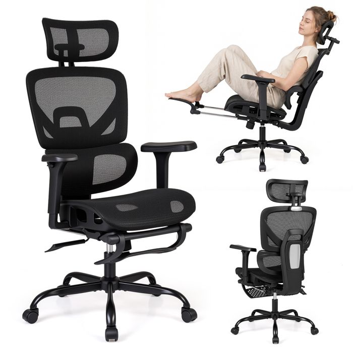 COSTWAY Chaise de Bureau Pivotante Ergonomique en Maille avec Repose-Pieds Soutien Lombaire Dynamique et Appui-Tête Réglable
