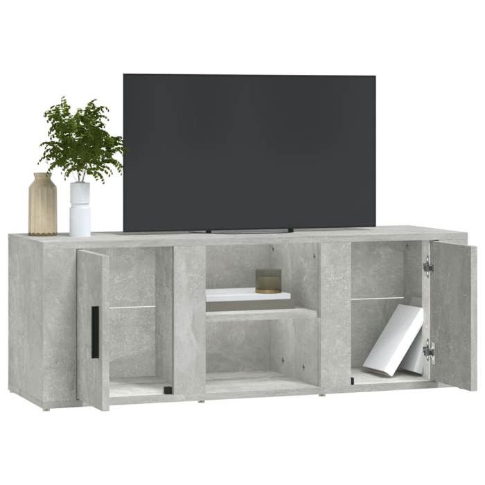 Meuble TV gris béton - MEUBLECHIC - 100x31 5x35 cm - Bois dingénierie - Gris - 4 compartiments - Portes pratiques