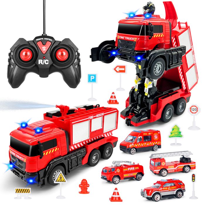 Camion de pompiers télécommandé - KONIJIWA - Transformable - Jet deau réel - LED & sons - Pour 3-8 ans