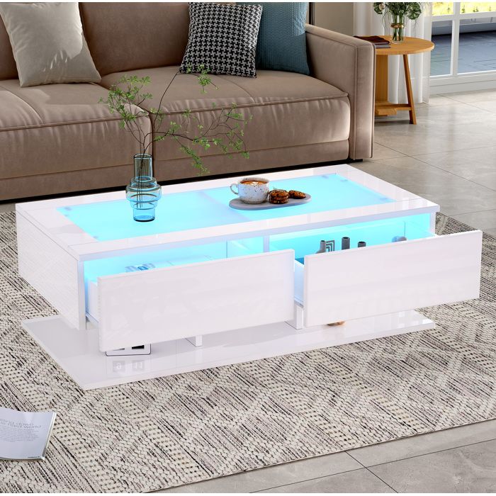 Table basse 100x50x35 cm avec LED contrôlable par app/Bluetooth 2 tiroirs plateau en verre trempé blanc laqué