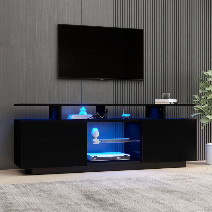 Meuble TV - Laqué noir 140 cm - LED 16 couleurs - 2 portes - Panneaux de particules