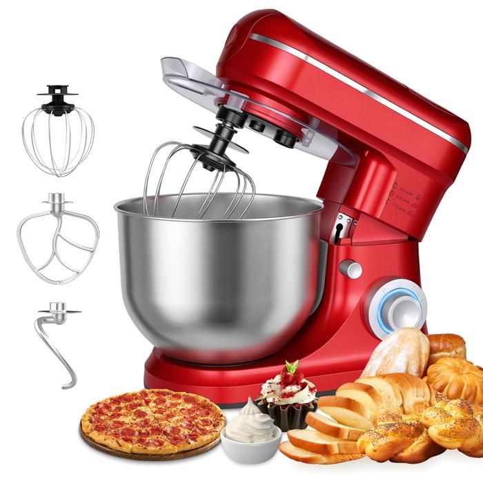 KITYTETY Robot Pâtissier 1500W 6 Vitesses Robot pétrin multifonction avec Bol 6 L Batteur Fouet Crochet Robot de cuisine Rouge - Kitytety