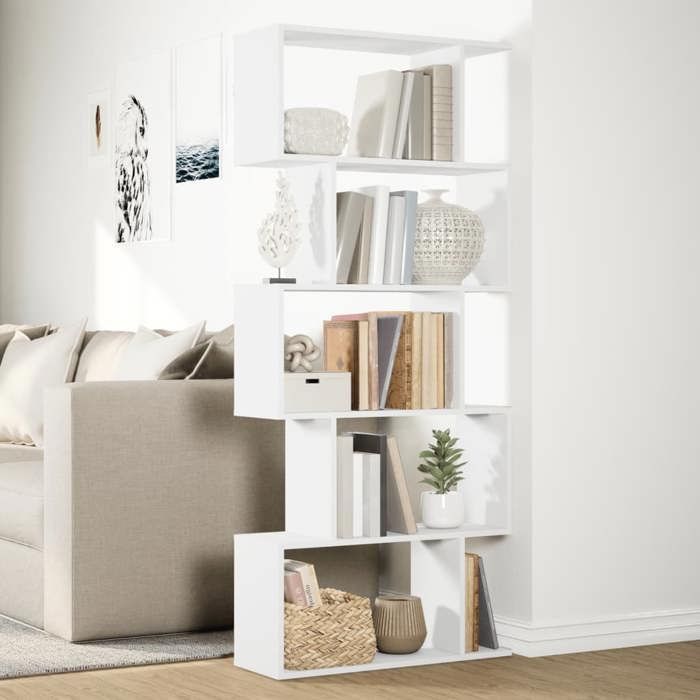 ShieldPro®Bibliothèque séparateur de pièce à 5 niveaux - Cabinet/Placard pour livres - Blanc 70x24x161 cm - Bois dingénierie 736951