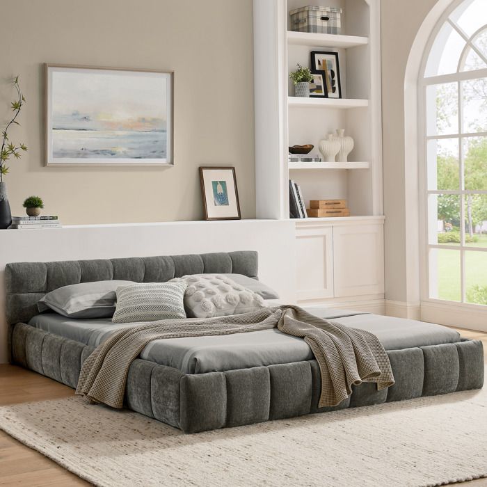 Lit Double 140x200 cm - Lit Capitonné Adulte avec Chenille Douce Cadre Bois Écologique Métal Gris Foncé - Sans Matelas