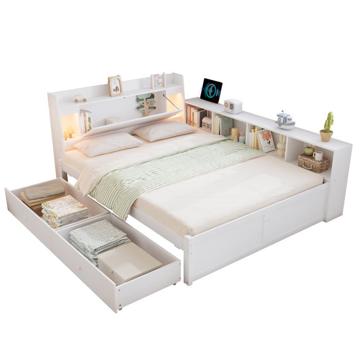 Lit Double 140x200 cm avec rangements tête de lit étagère 2 lampes et prise bois blanc