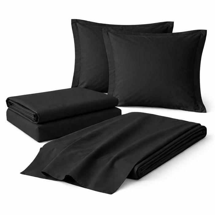 Parure de draps 4 Pièces en coton 57 fils 160 x 200 cm Noir – Drap-Housse Drap Plat et 2 Taies d’Oreiller
