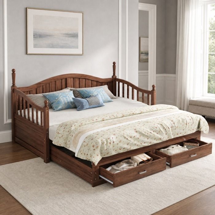 Lit gigogne extensible 90×190 cm et 180×190 cm avec tiroirs et sommier à lattes - BEAUNIV - Sans matelas bois noyer naturel