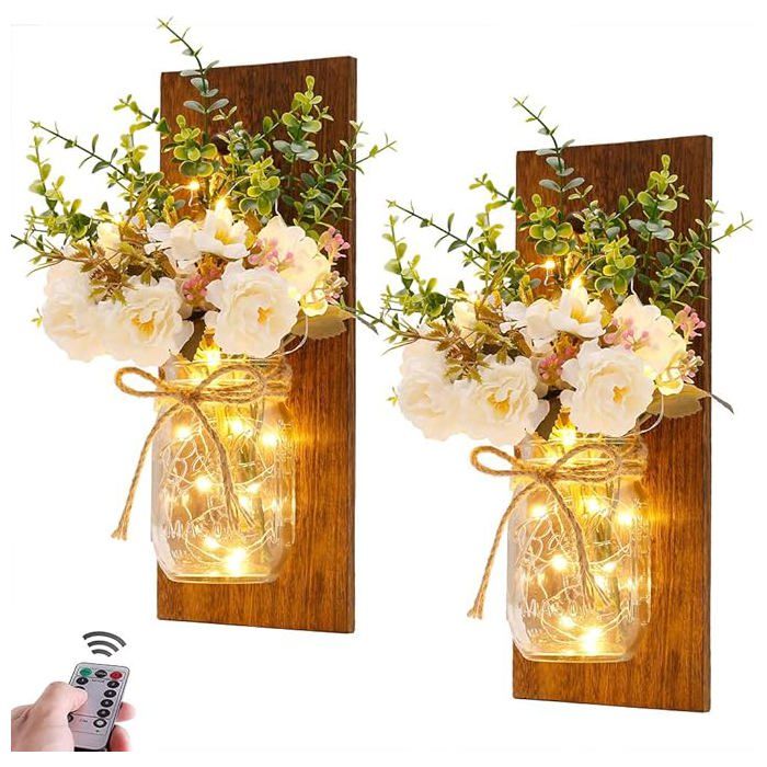 Applique murale rustique en bocal Mason design artisanal à suspendre avec télécommande guirlande lumineuse LED et pivoine