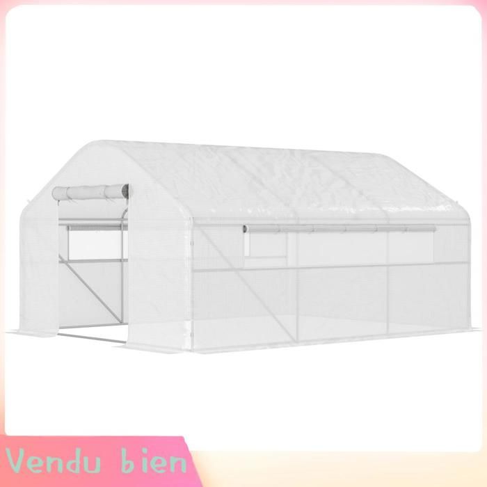 LIA Serre tunnel jardin blanc 4x3x2m portes enroulables grandes fenêtres