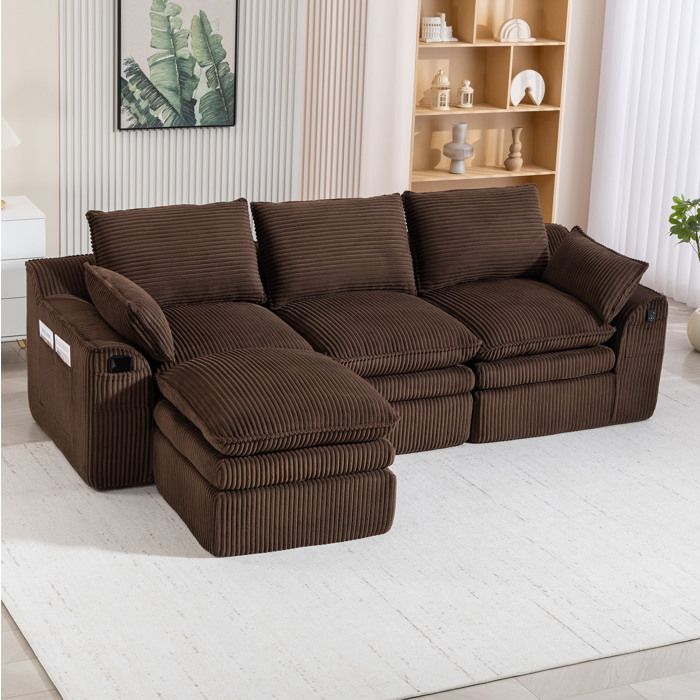 Canapé modulable 3 places avec pouf marron en velours côtelé coussins inclus poches latérales 263x167x85 cm