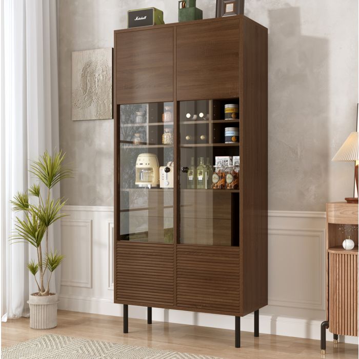 WOVREO Vitrine meuble de rangement aspect noyer 75 5 x 35 x 164 5 cm avec zone vitrée 4 tiroirs et pieds métal
