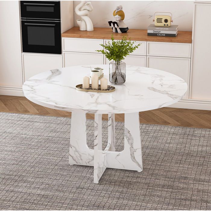 WUVRIE Table à manger ronde 120 cm en MDF imitation marbre blanc hauteur 76 cm pour 4 à 6 personnes