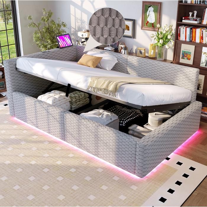 Lit Coffre Simple 90×200 cm LED 2 USB et Type-C - ELVMI - Dossier en L Velours Gris Sans Matelas