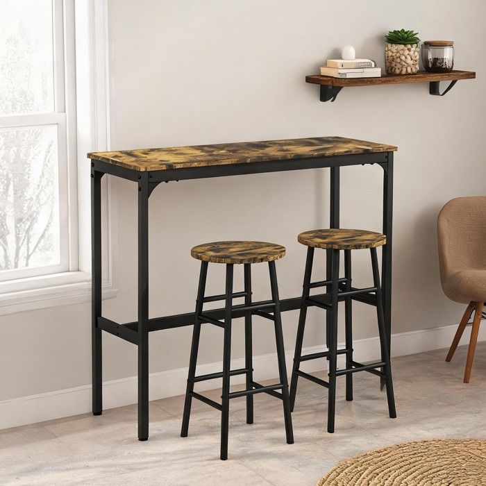 Set table haute 3 pièces 105 cm 2 tabourets style industriel MDF wood-tone brown et acier
