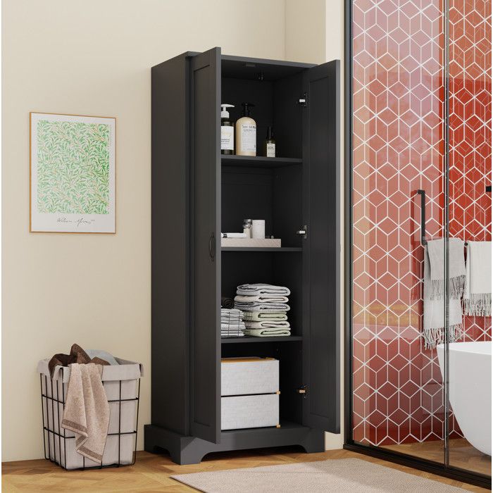 Colonne de Salle de Bain 2 Portes 4 Étagères Réglables Soft-Close - YEAVIO - Sur Pieds MDF Noir 56×40×170 cm