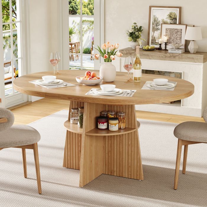 Table à manger extensible ronde 110-150 x 110 x 775 cm en MDF 2 à 8 personnes avec étagère naturel
