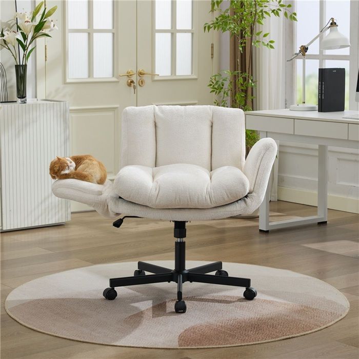 Chaise de bureau ergonomique pivotante avec assise double rembourrée réglage hauteur et accoudoirs convertibles crème/beige Chaise de bureau ergonomique pivotante avec assise double rembourrée réglage hauteur et accoudoirs convertibles crème/beige