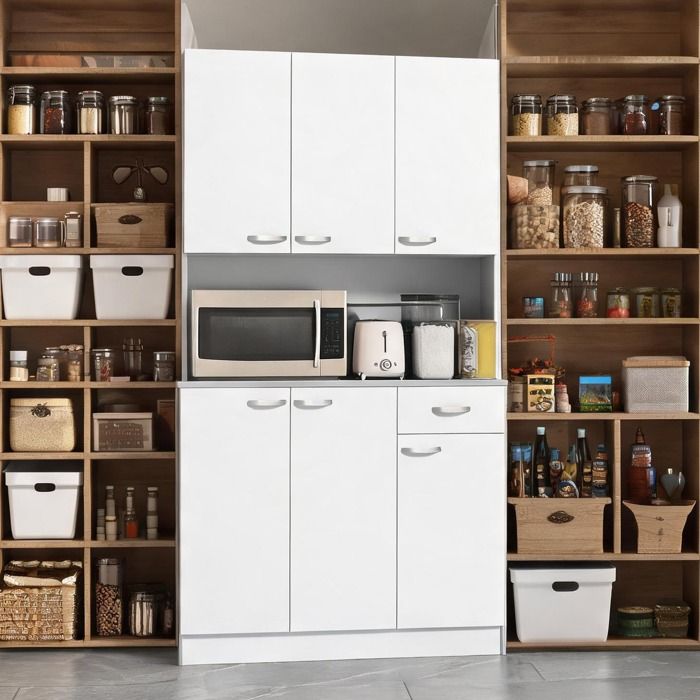 Buffet haut de cuisine 6 portes et 1 tiroir finition mélaminé blanc 101 x 39 x 180 cm