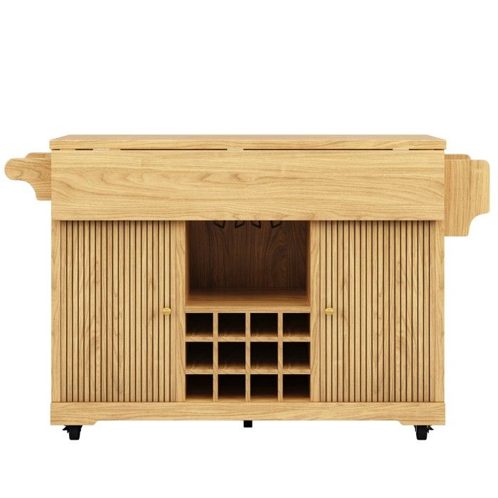 Îlot central de cuisine – Chariot de service – MDF et métal – Plateau rabattable – Bois naturel