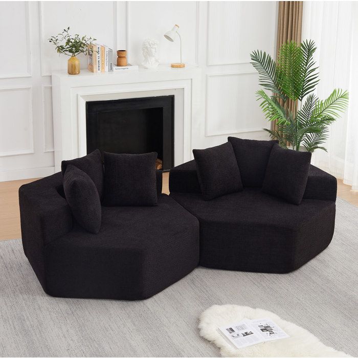 Fauteuil Modulable Hexagonal En Chenille Noir Fauteuil Relaxation Moderne FloraGrace Pour Salon Avec Trois Coussins 122x122x76cm