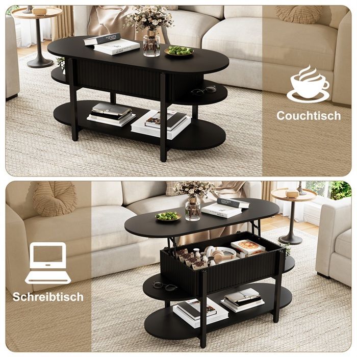 Table basse relevable 106x45x50 cm - Plateau relevable avec coffre et 2 étagères de rangement - Ovale - Noir Table basse relevable 106x45x50 cm - Plateau relevable avec coffre et 2 étagères de rangement - Ovale - Noir
