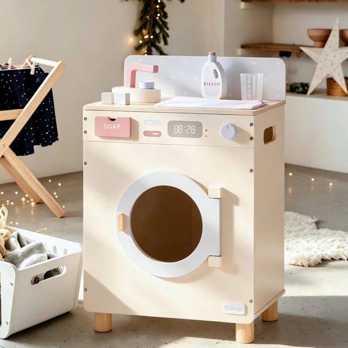 ROBUD Machine à Laver Jouet en Bois Style Sea Salt avec Tambour Rotatif et Accessoires Jeu d’Imitation Dès 3 Ans