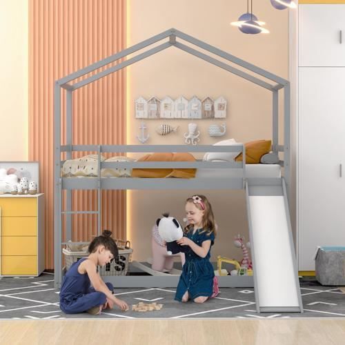 lit enfant, lit superposé bas avec toboggan, cadre de lit superposé en bois massif, 90 x 200 cm, gris, sans matelas