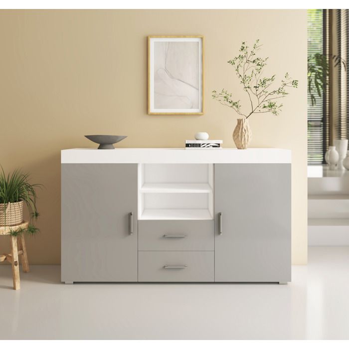 Design Ameublement - Buffet Bahut ROQUE - 2 portes 2 tiroirs - Blanc et Gris - 140x80x40cm