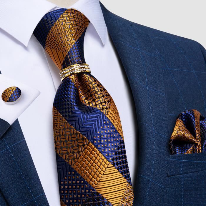 Bodhi2000 - Ensemble Cravate, Mouchoir & Boutons De Manchette Homme - Rayures & Couleur Unie - Tenue Élégante