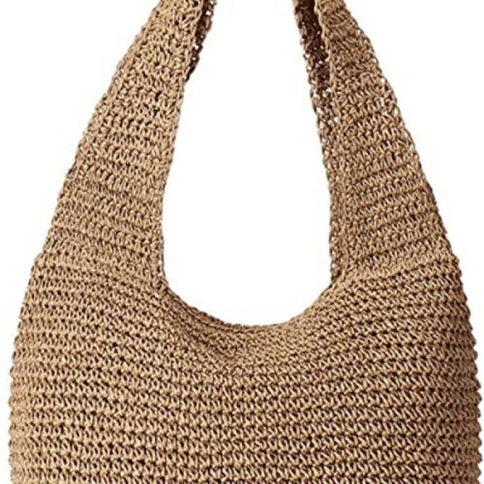 Sac Bandoulière Fourre-tout En Paille Beige Marron - Réglable, Fermeture Zip, Doublure Cuir, Neuf Sans étiquette