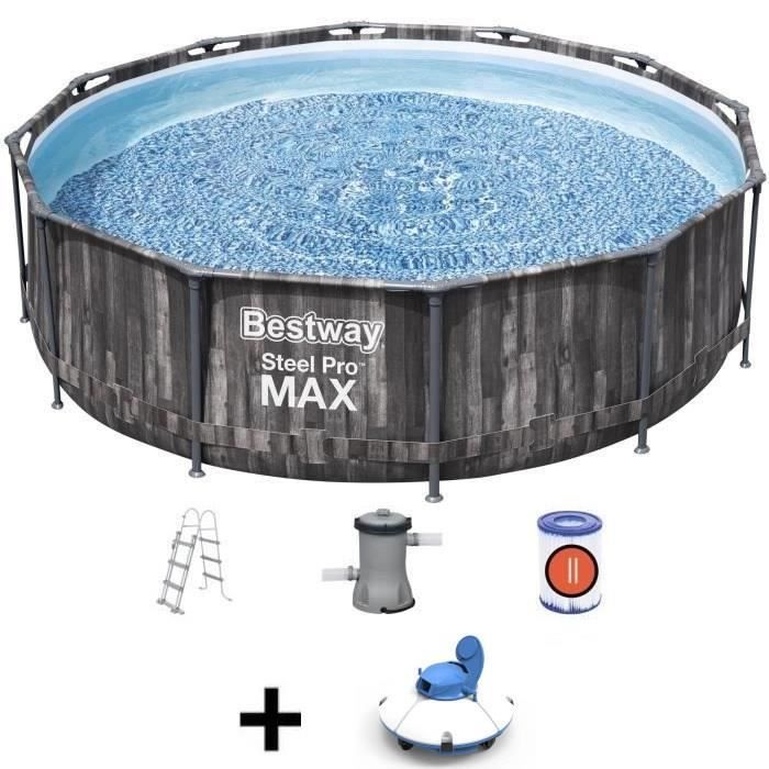 BESTWAY Piscine hors sol SteelPro Max ronde Décor bois, 366 x 100 cm, filtre à cartouche, échelle + 