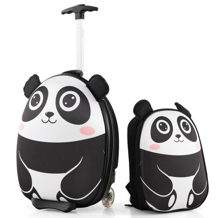costway valise enfant à roulettes 16’’ + sac à dos 12’’, ensemble de bagage enfants avec motif panda, voyages en avion, blanc